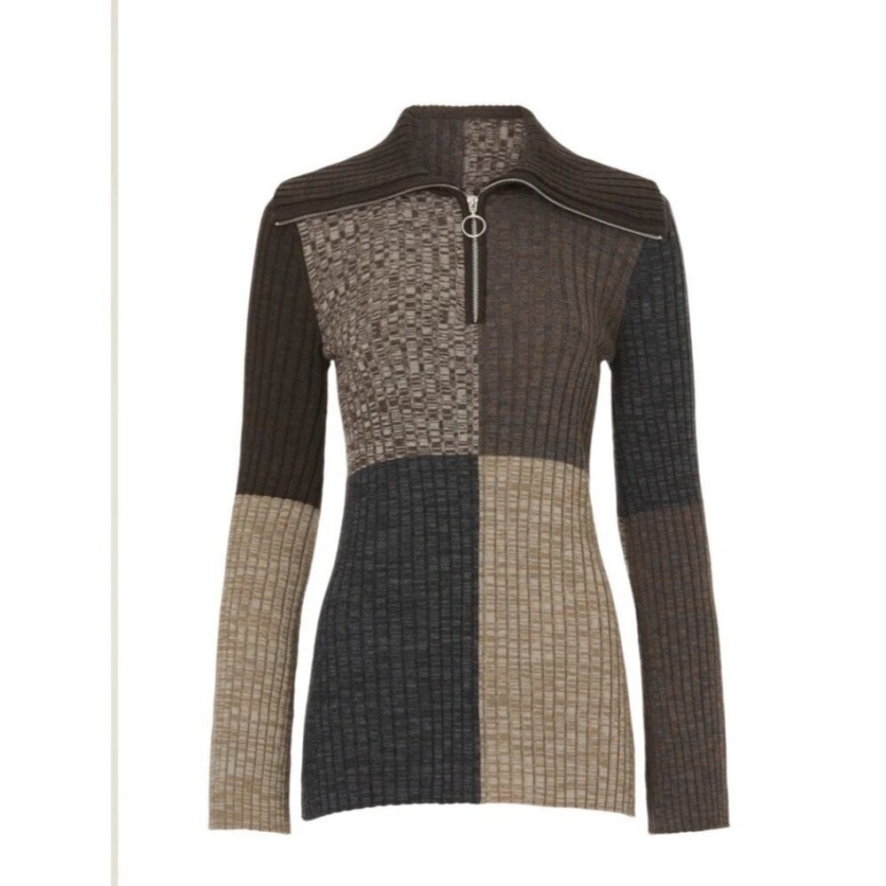 Sandro Paris Moria Sweater Size 3 US L Colorblock Rib Knit Zip Collar Pullover - Picture 2 of 10